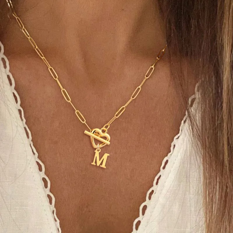 Minimalist Paperclip Chain Letter Necklace with Heart-Shaped OT Clasp